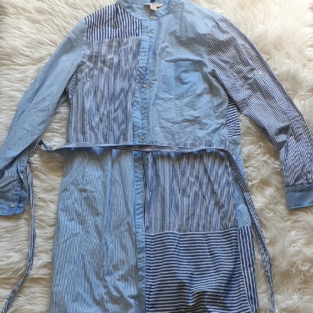Brooks Brothers 1818 Blue Striped Mixed Chambray-Like Midi Dress Size 14